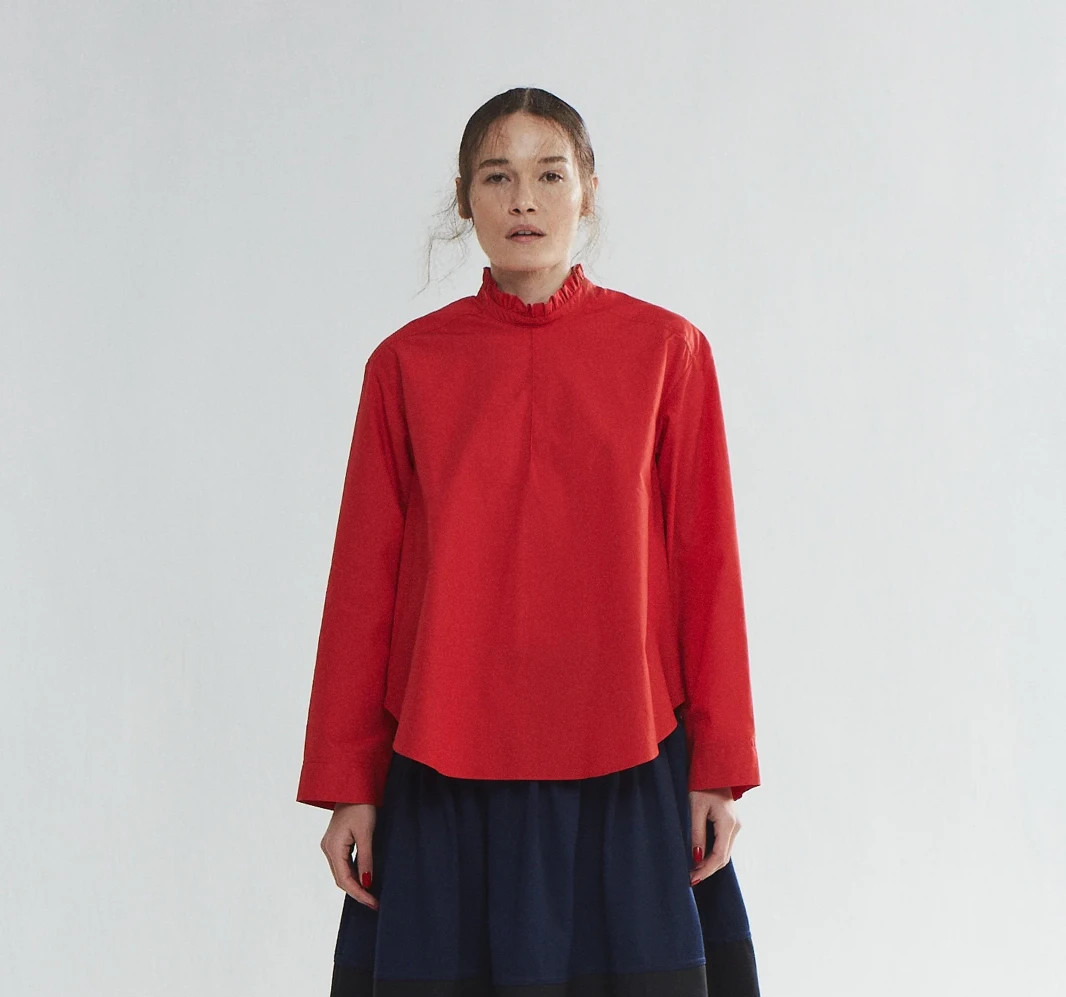 Fabiana Pigna Babette Tomato Red Cotton Poplin Ruffle Top Small Luxury Office