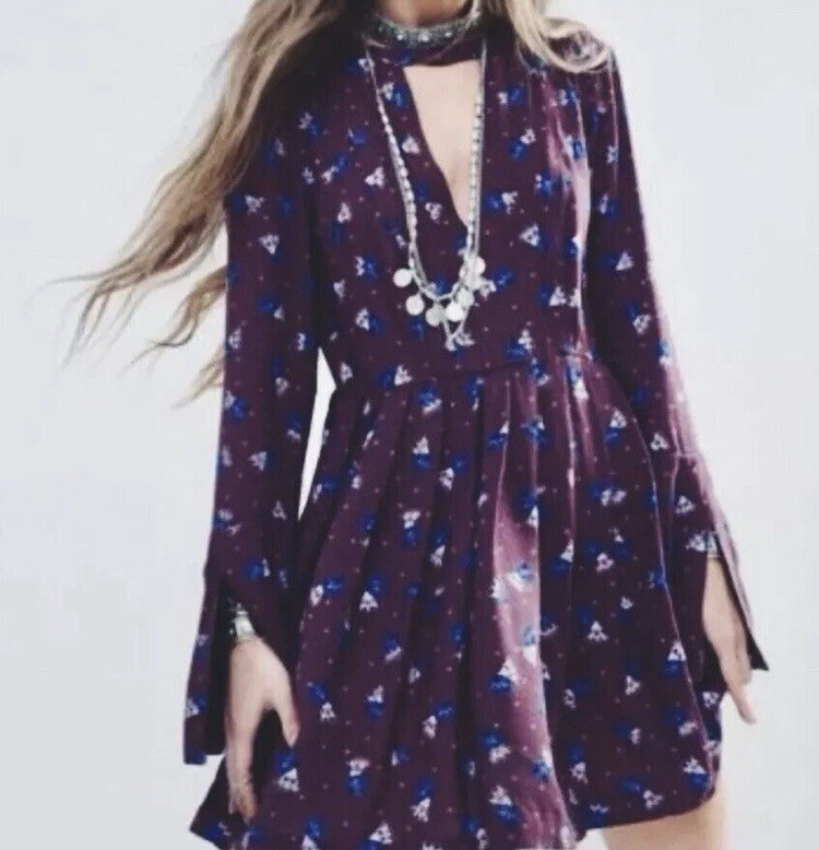 Free People Tegan Purple Floral Long Sleeve Mini Dress Size 0 / XS
