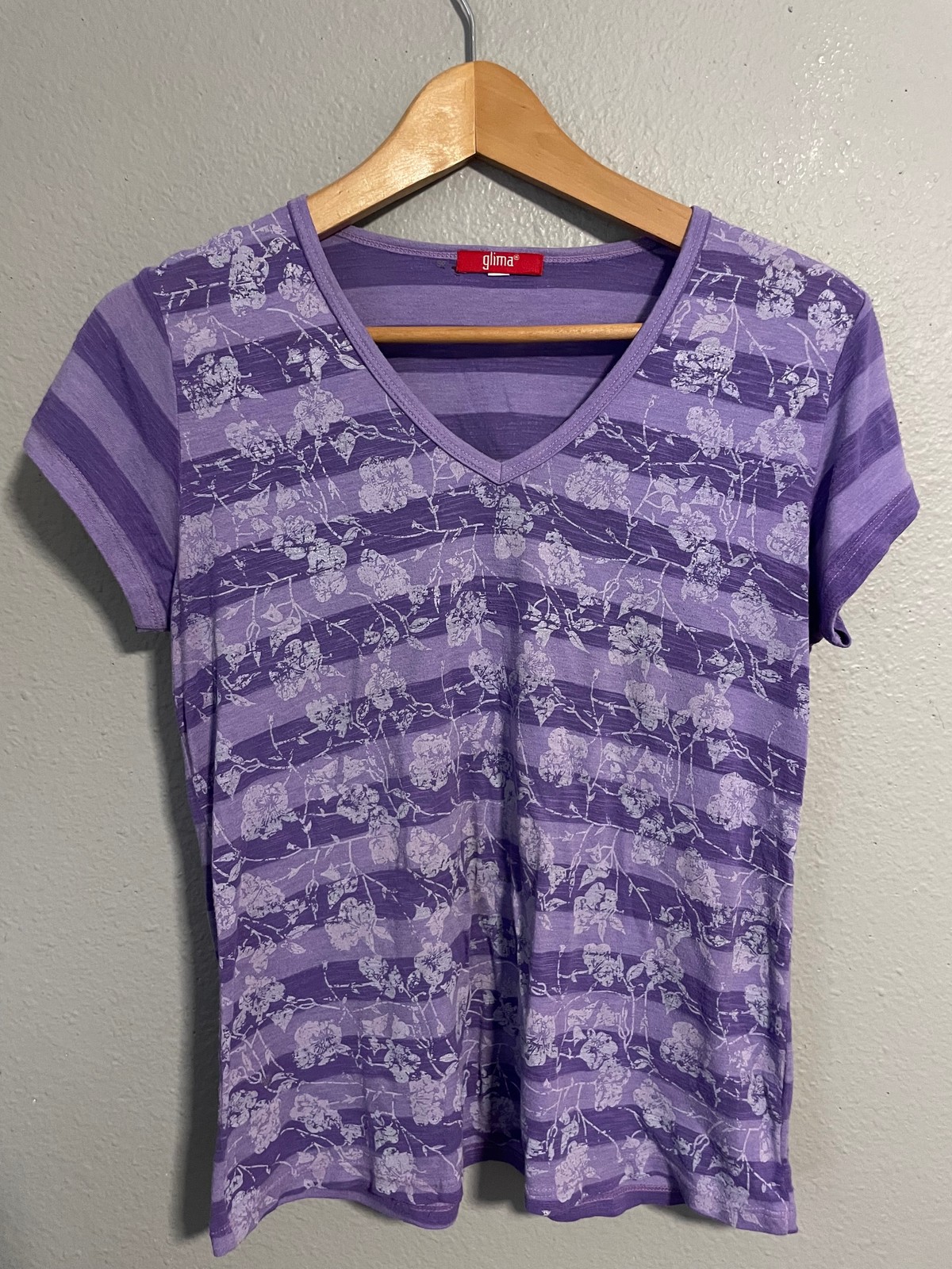 Vintage Glima Top Womens Small Purple Striped Floral Short Sleeve Artsy Y2K