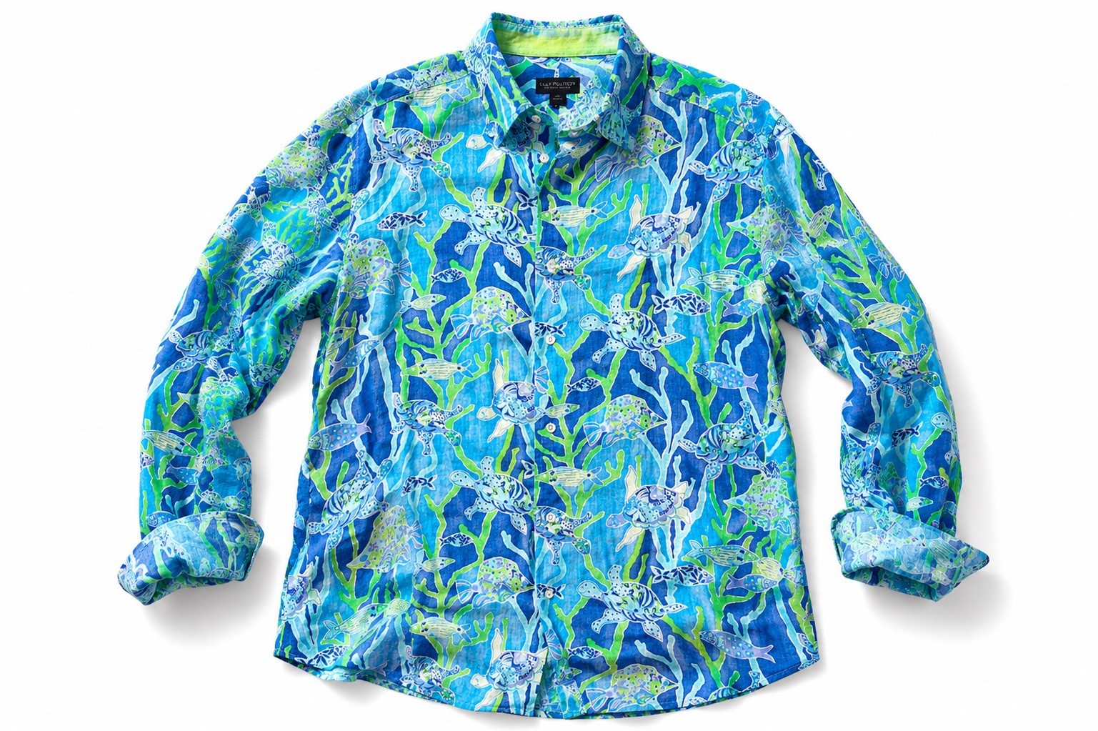Lilly Pulitzer Men’s Stuff Wyeth 100% Linen Shirt L Sea Turtle Coral Blue Print