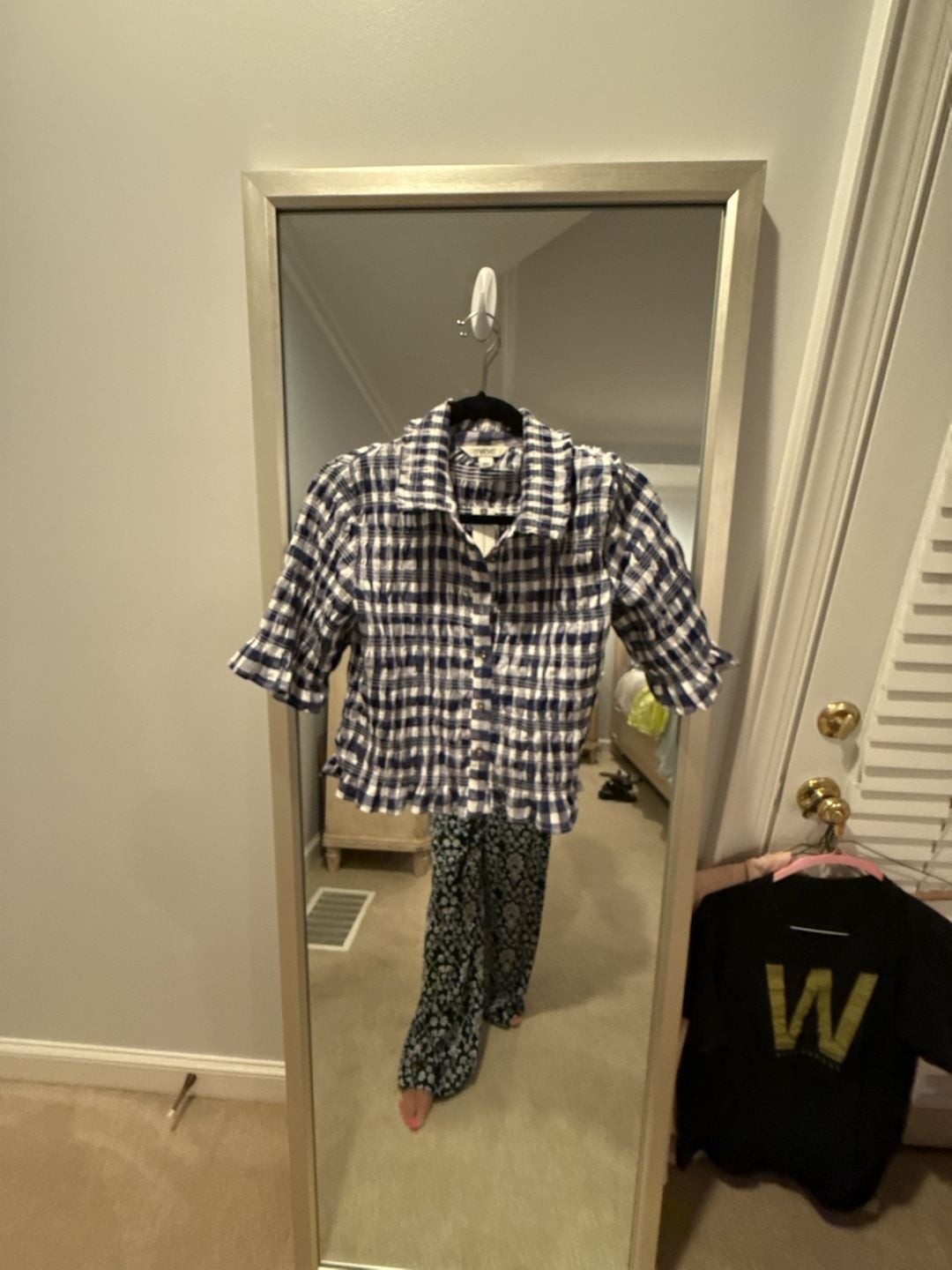 Maeve Blue Gingham Smocked Ruffle Button-Front Short Sleeve Top
