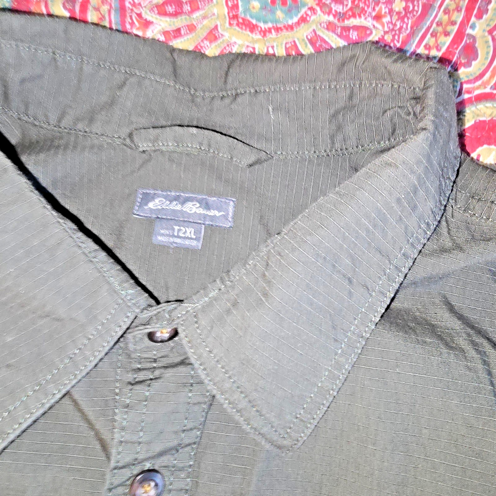 Men’s Eddie Bauer T2XL Button Down Pockets Long Sleeve Dark Green Shirt Sporty