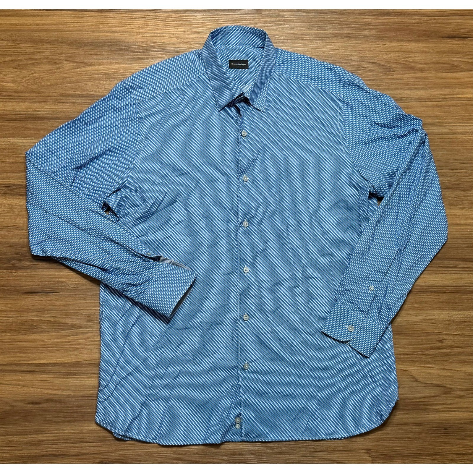 Ermenegildo Zegna Mens Blue White Geometric Print Button Down Shirt Sz L