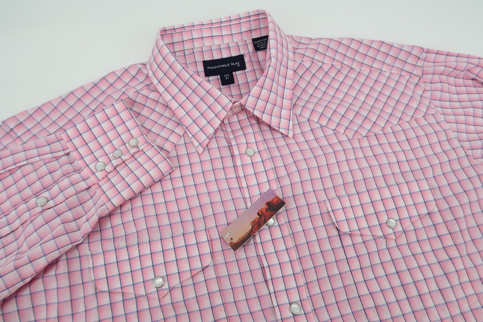 Panhandle Slim Western Shirt Mens 17.5-37 Pink Check Pearl Snap Cowboy Rodeo New