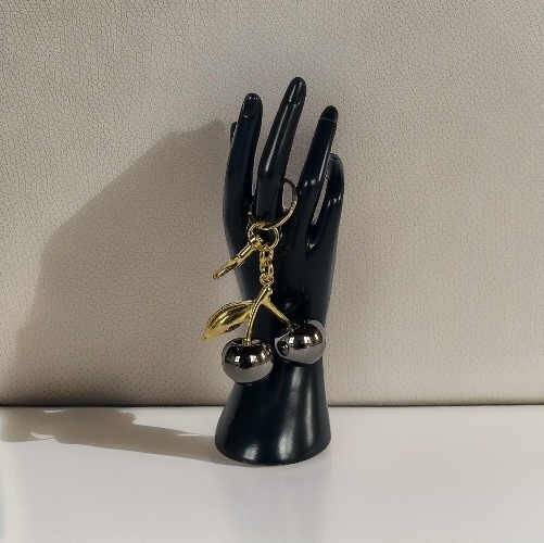 Mirrored Gunmetal Gray Cherry Bag Charm | GOLD Keychain+Premium Velvet Dust Bag