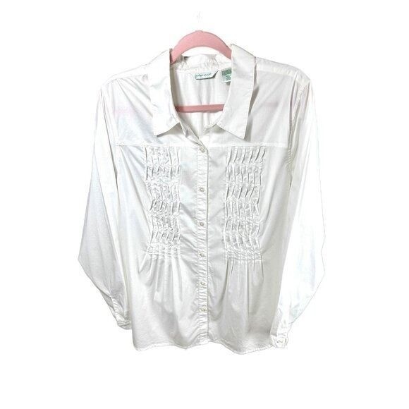 Laura Ashley White Pleated Smocked Button Down Blouse Shirt Womens XL Stretch
