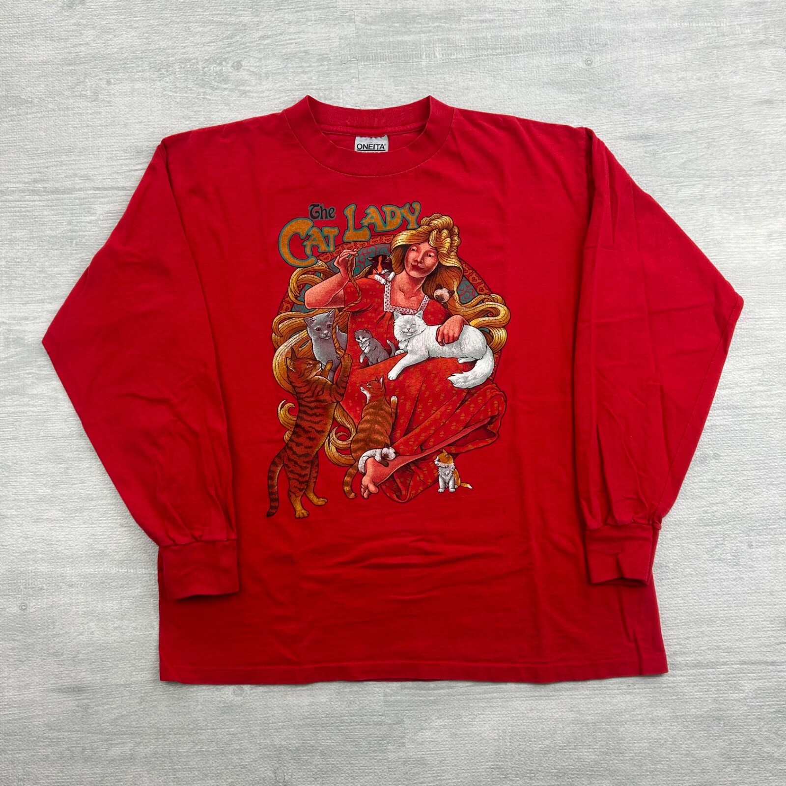 Vintage 90s The Cat Lady Long Sleeve Shirt Size Large Red 1994 Kitten