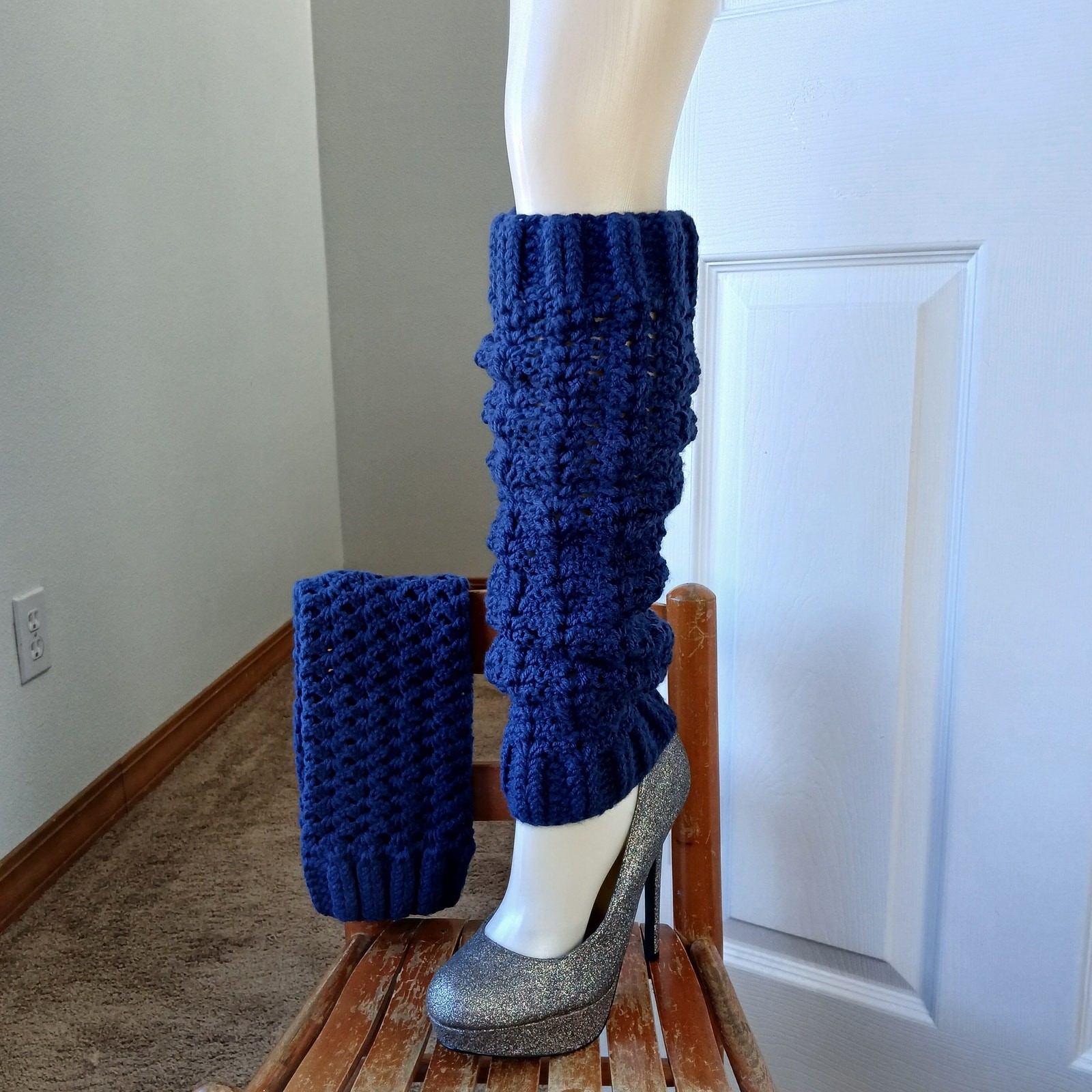 Navy Blue Leg Warmers OSFM crochet warm thick chunky over the knee dance premade