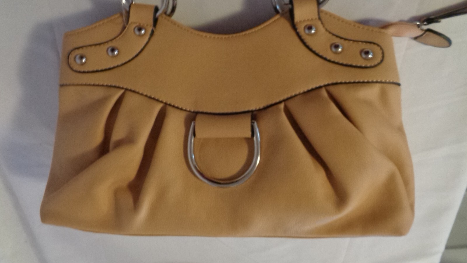 TAN MUSTARD YELLOW HANDBAG PURSE UNBRANDED TOTE MULTI POCKET DOUBLE HANDLE ZIPS