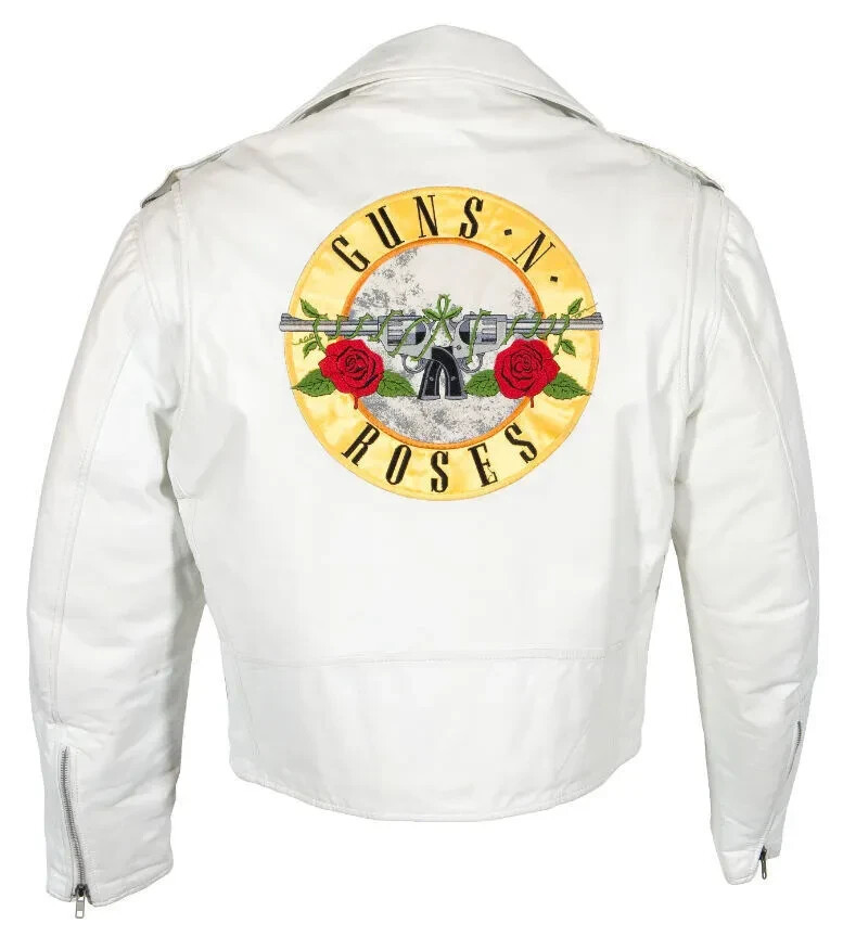 Guns N Roses AXL Rose Concert Hard Rock Biker White Real Leather Jacket For Men.