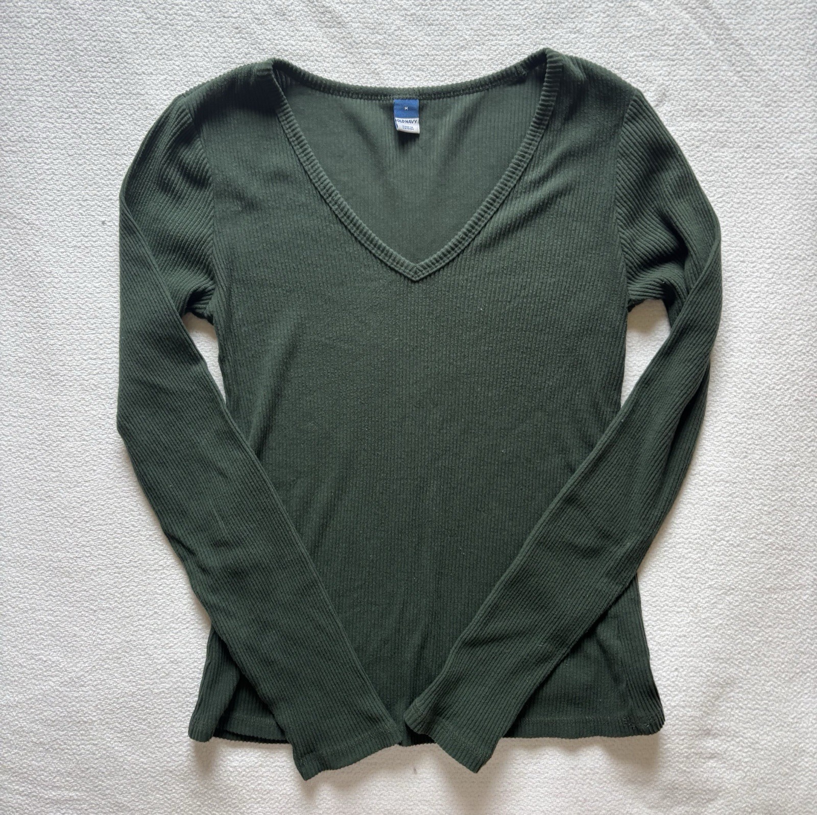 Old Navy Green Ribbed Texture Fitted V Neck Long Sleeve Top