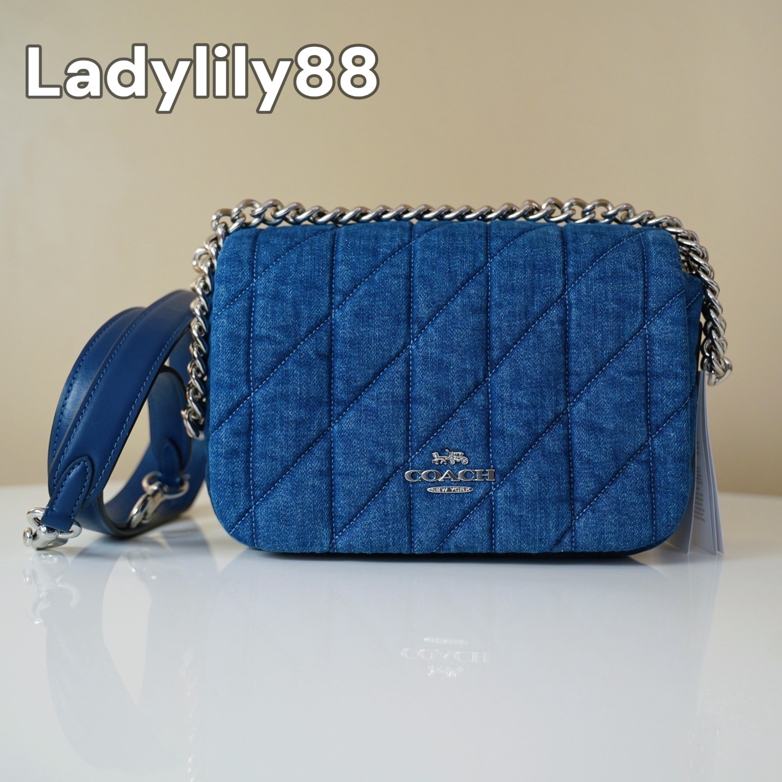 NWT Coach CAK40 Quinn Bag With Quilting Denim Smooth Leather Silver/Indigo $450