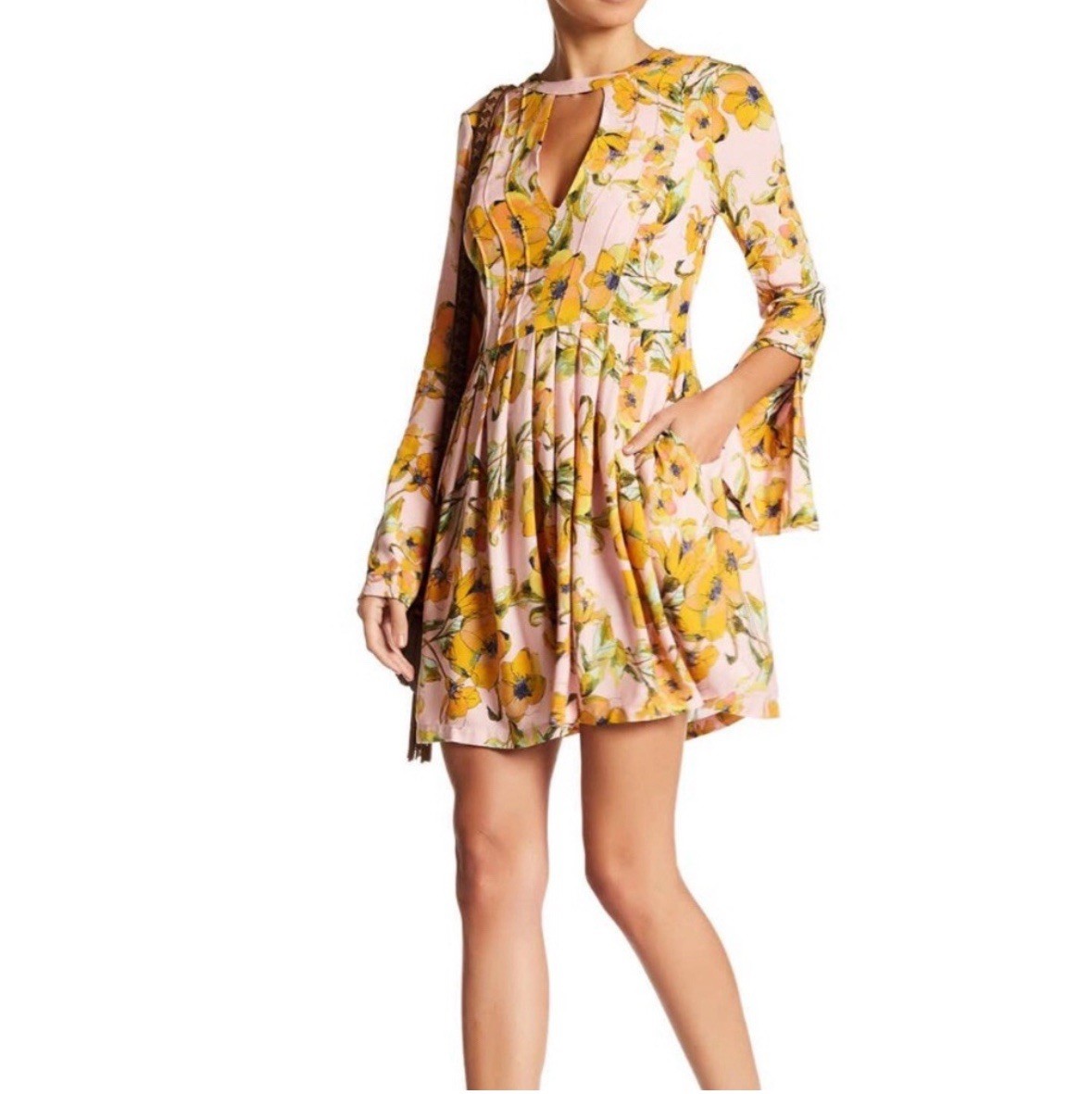 Free People Tegan Pink Floral Mini Dress Long Sleeve 0