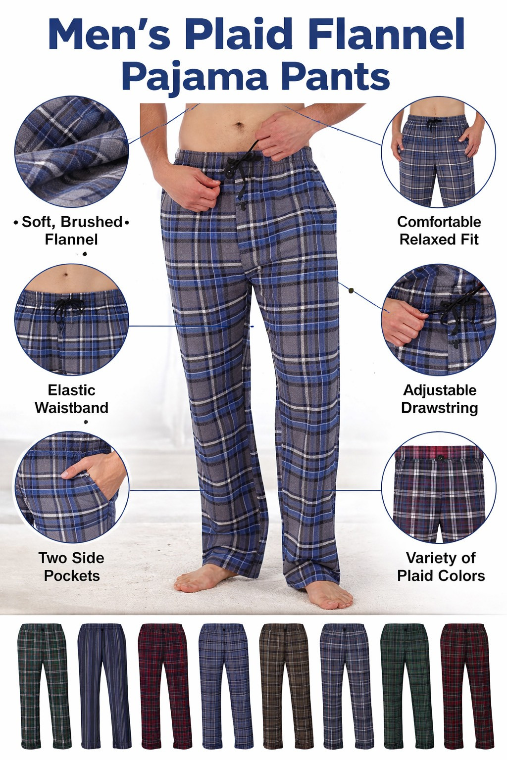 (4 Pack) Men’s Cotton Knit Flannel Plaid Lounge Pajama Pants
