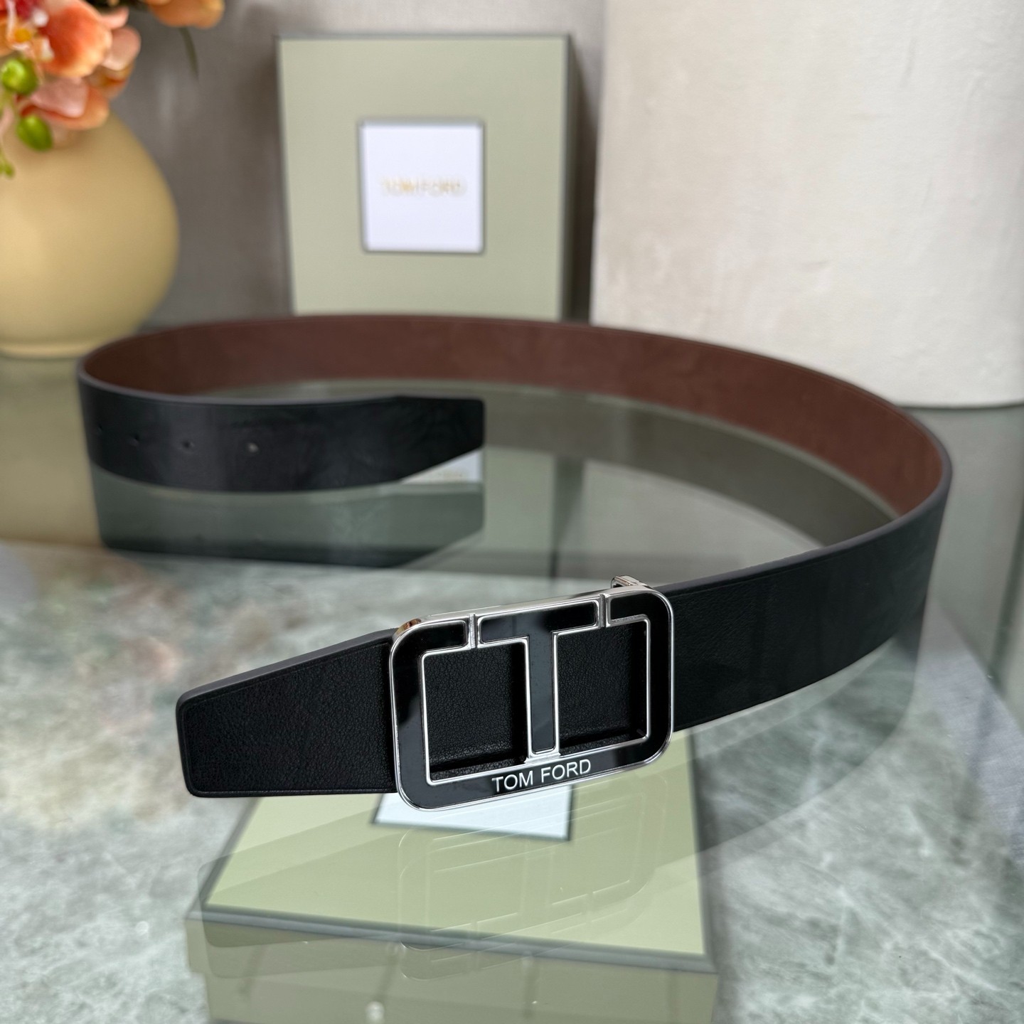 Authentic Tom Ford Reversible Leather T-Buckle Belt Luxury Designer Fashion