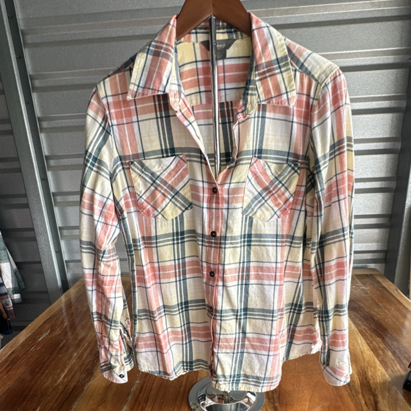 Natural Reflections Women’s Plaid Button-Up Collared Cotton Shirt Pink Yellow M