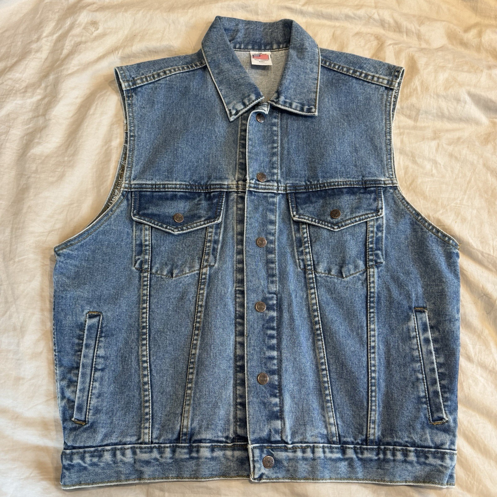 VTG The Leather Shop Denim Biker Vest Mens S Women L 100% Cotton Made In USA