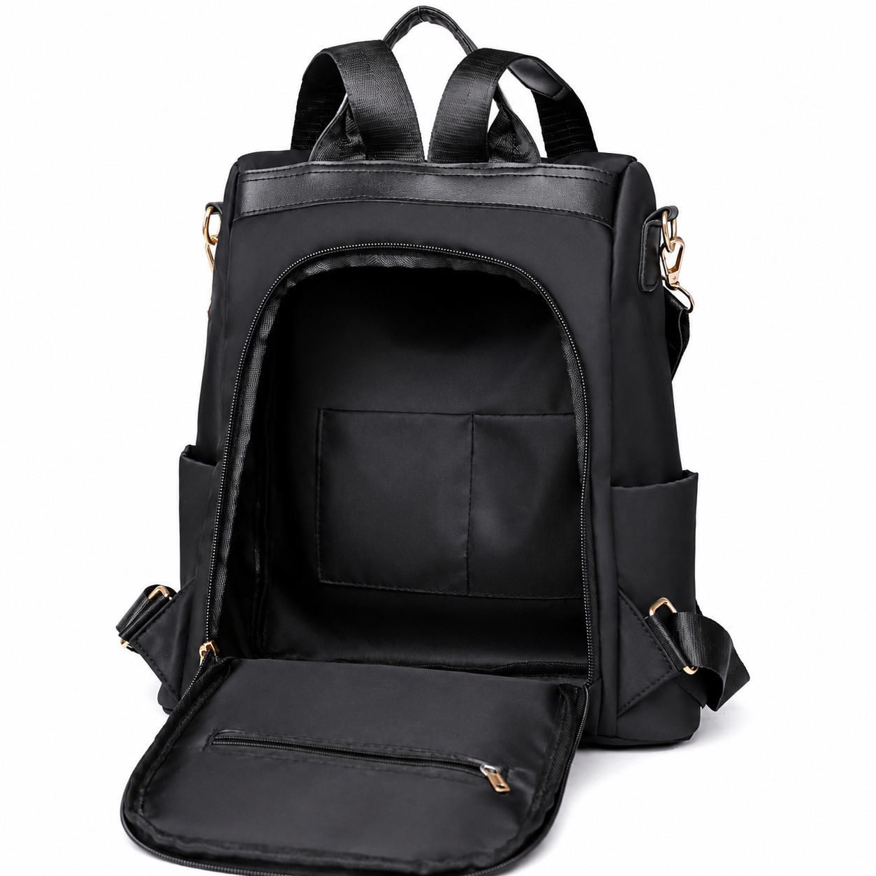 Women Cherry Blossom Embroidery Backpack Anti-Theft 2in1 Shoulder Bag Black