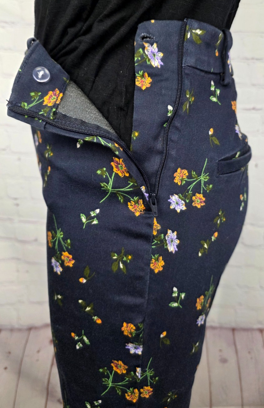H&M Chino Pants Navy Blue Floral Slacks Stretch Side Zip Casual Career Preppy 8