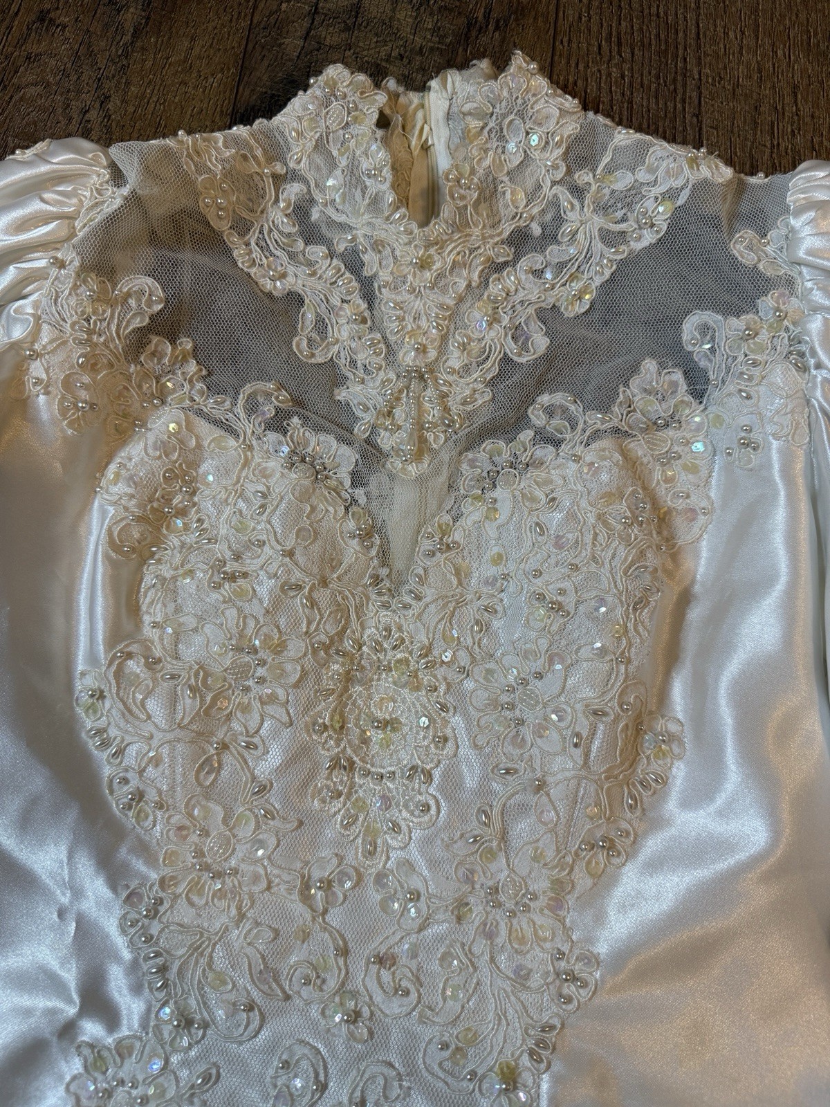 Vtg Mori Lee Satin Wedding Dress High Neck Puffed Sleeves Beading Lace Sz 8