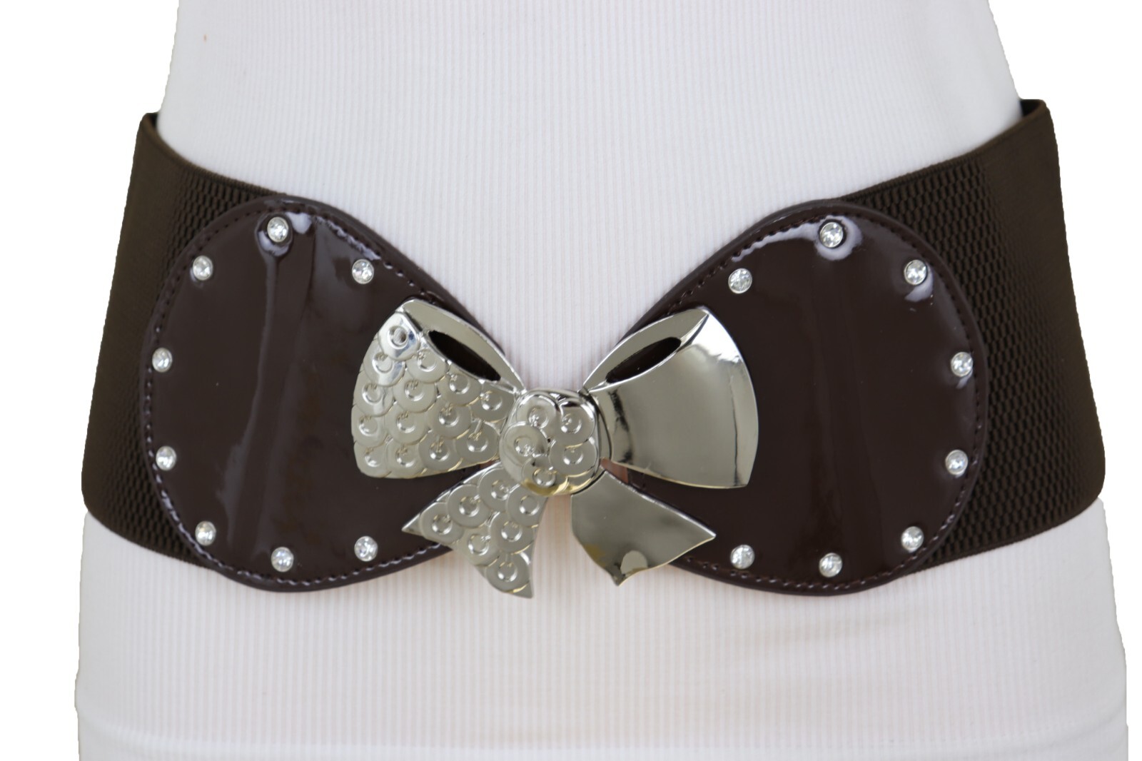 Women Dark Brown / Gold Color Wide Fashion Belt Metal Bow Tie Ribbon Buckle S M
