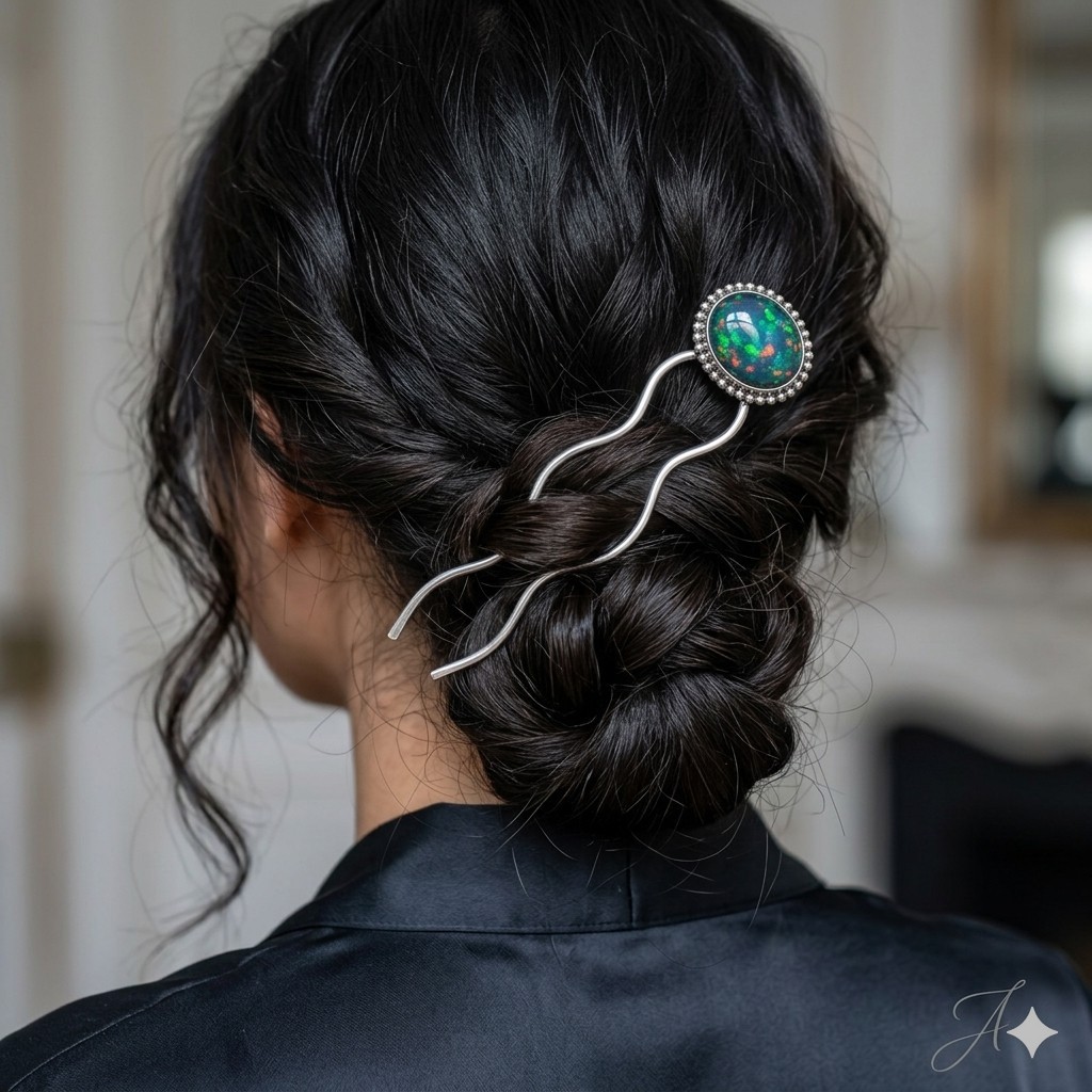 Handmade Sterling Silver Black Opal Gemstone Hair Pin Fork | Boho Bun Pin |