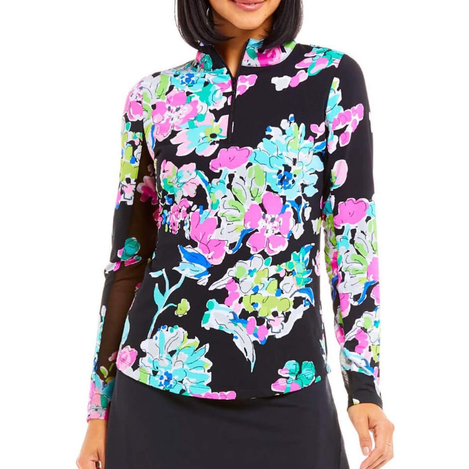 IBKUL Mock Neck Top Flora Black Multi Size S M L XL Long Sleeve Womens Golf NWT