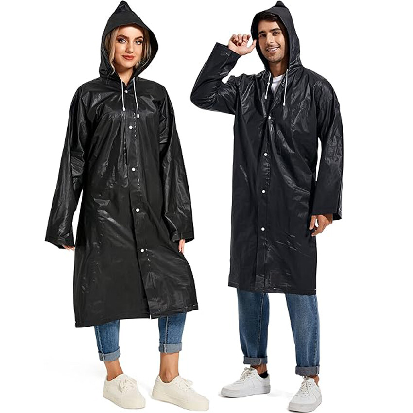 Men Black Waterproof Long Raincoat Rain Coat Hooded Trench Jacket Outdoor Hiking
