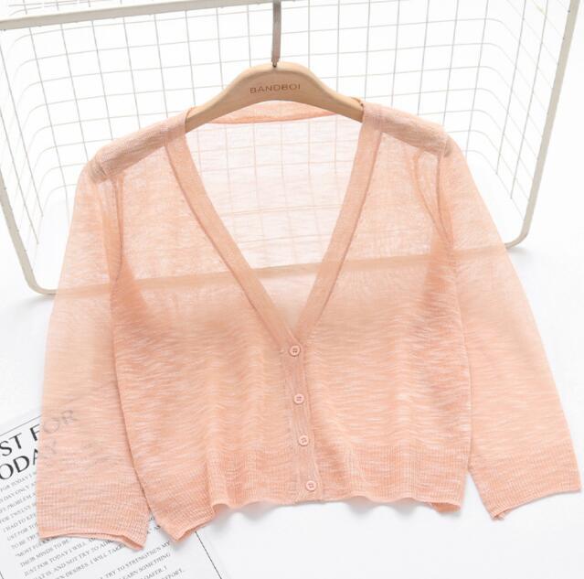 Women Sweater Shrug Crop Top Coat 3/4 Sleeve Knit Cardigan Button Down Sheer