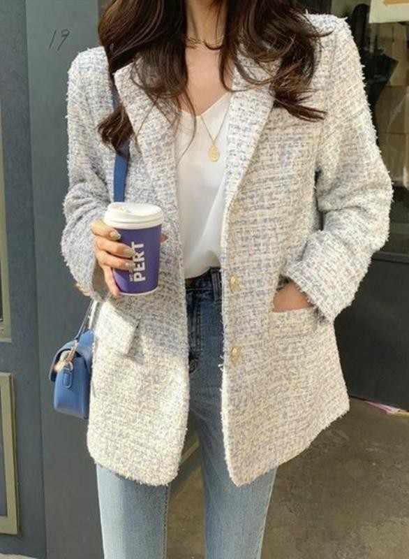 Ursula Beige And Blue Tweed Long Trench Coat Size M