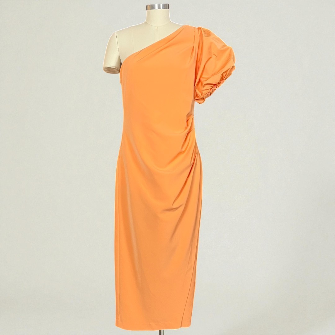 Ralph Lauren Annona One Shoulder Orange Puff Sleeve Midi Cocktail Dress 10