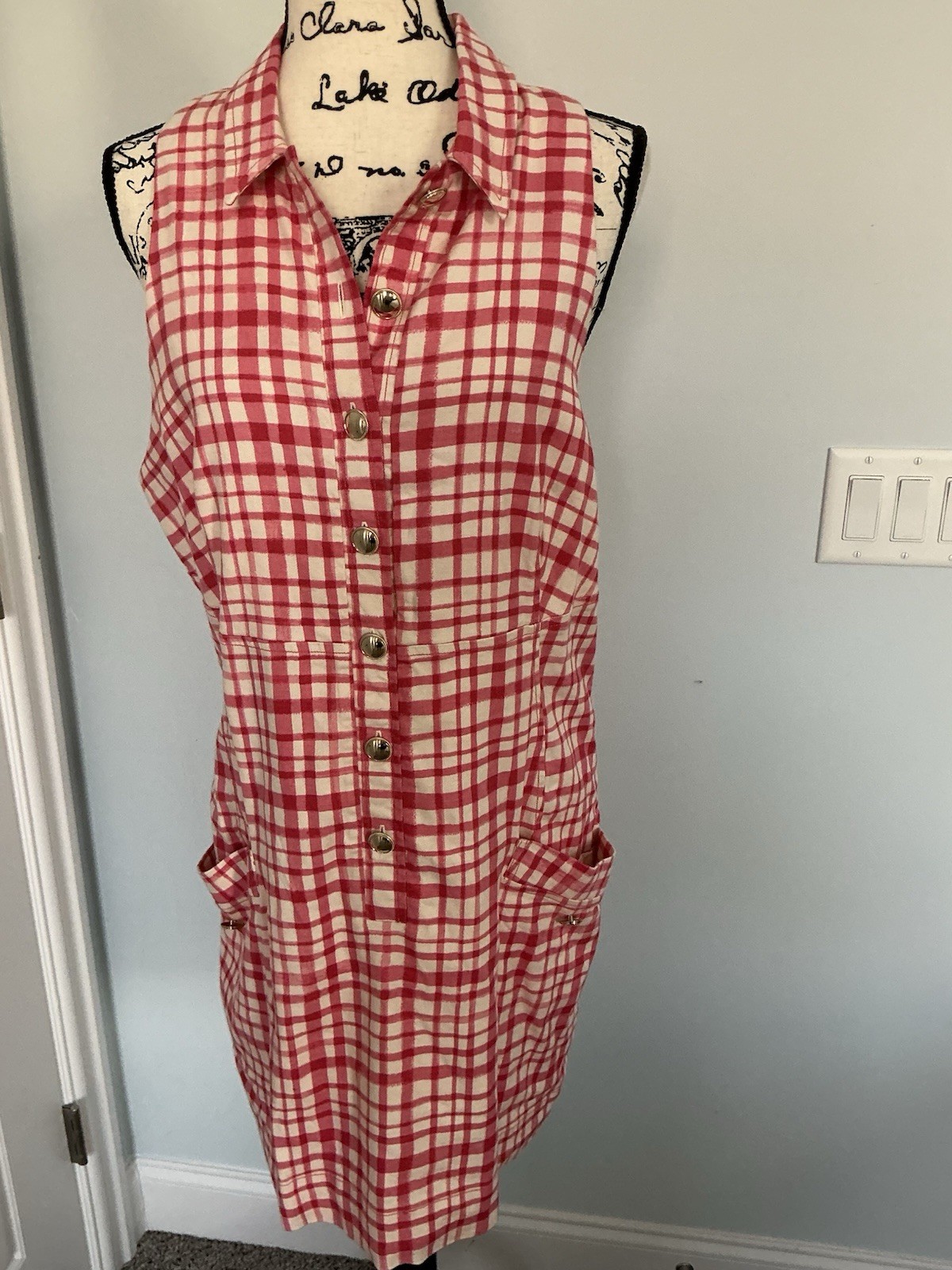 Maeve Pink/White Gingham Collared Shirt Dress Button Front Pockets Lined XL