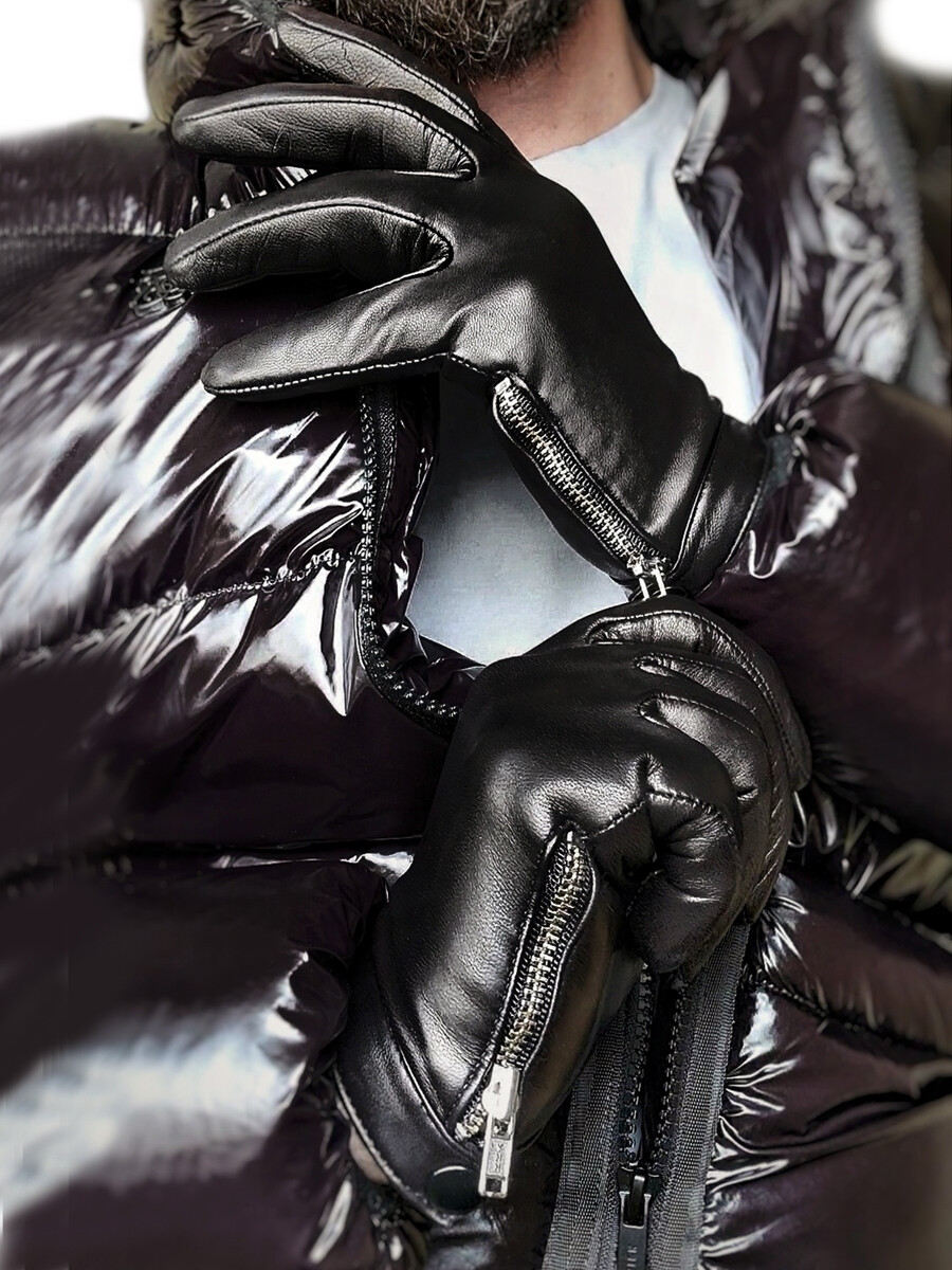 Men Side Open Zipper With Button Lambskin Real Leather Black Gloves