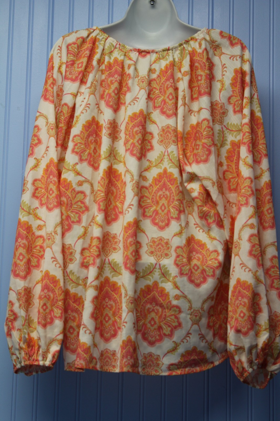 Flying Tomato orange print lightweight l/s pullover top with 2 tie front L NWT