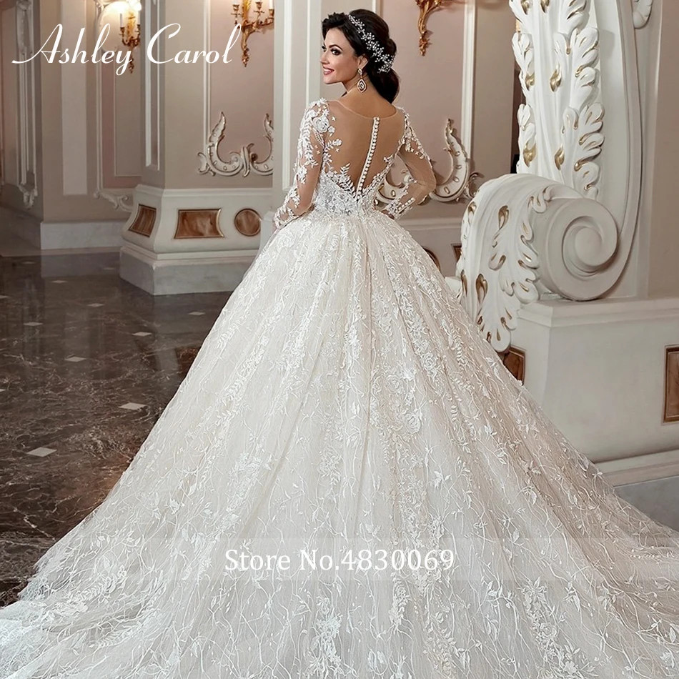 Ivory Lace Ball Gown Wedding Dresses Long Sheer Sleeves Bridal Gown With Train