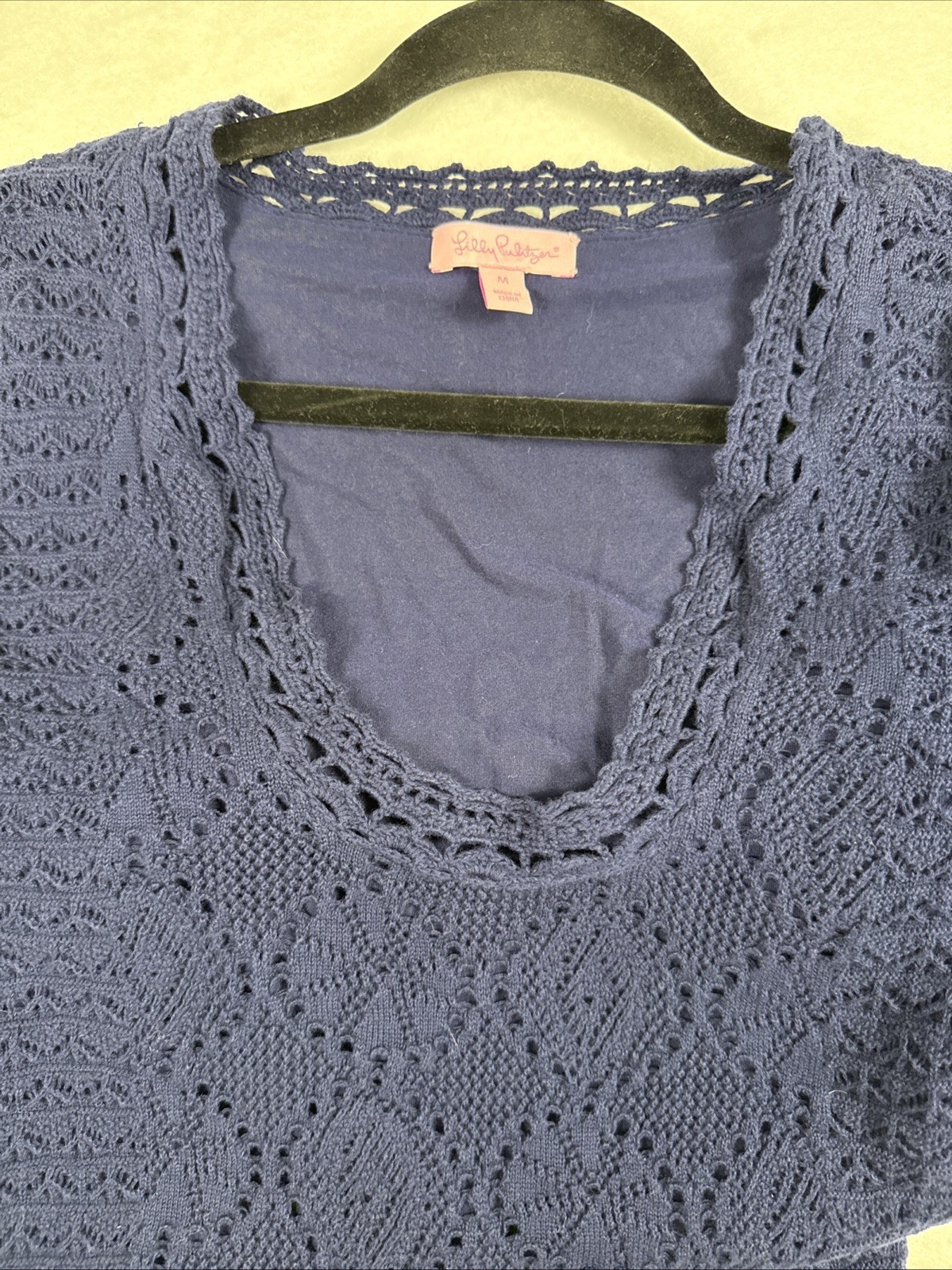 Lilly Pulitzer Athena Crochet Tunic Coverup M Navy Lined Pom Pom Hem Beach Swim