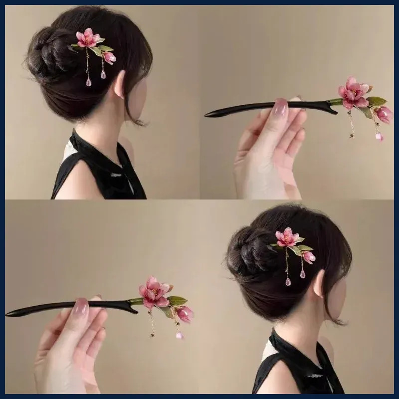 Floral Hair Stick Chinese Style Hairpin, Pink Flower Tassel Retro Traditional