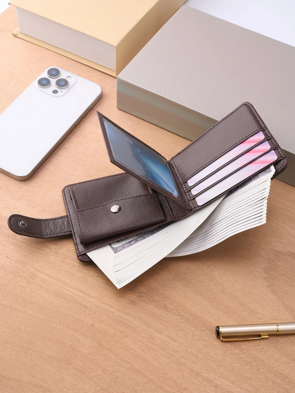Men’s Slim Leather Wallet, Quality Zipper Purse with Coin Pocket, Male Business