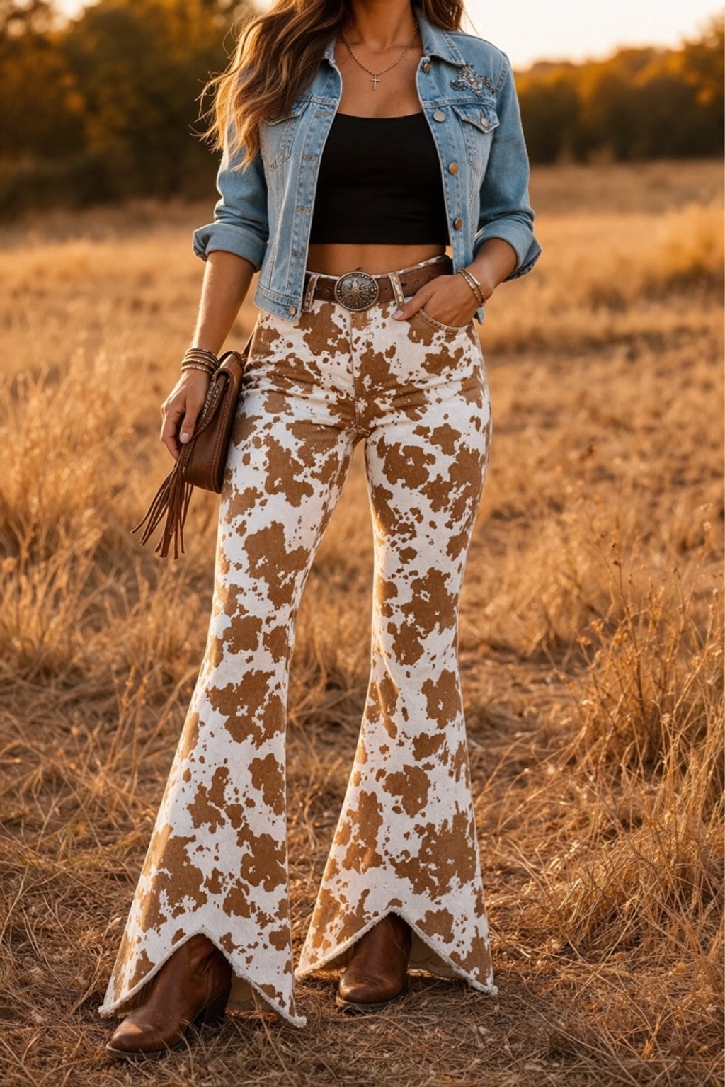 Grace & Emma Cow Print Flare Jeans Size 14 Western Bootcut Raw Hem Stretch Denim