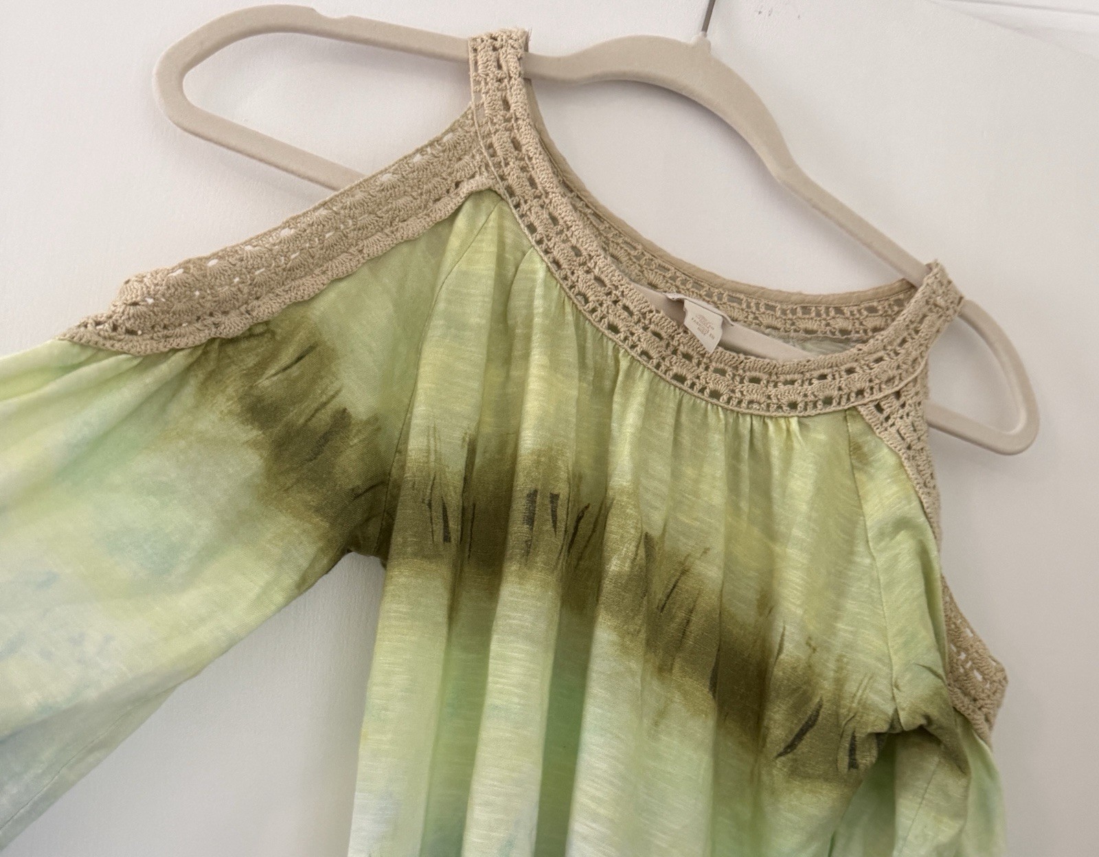 Chico’s Women’s 0 Green/Blue Tie-Dye Crochet Trim 3/4 Sleeve Blouse Top