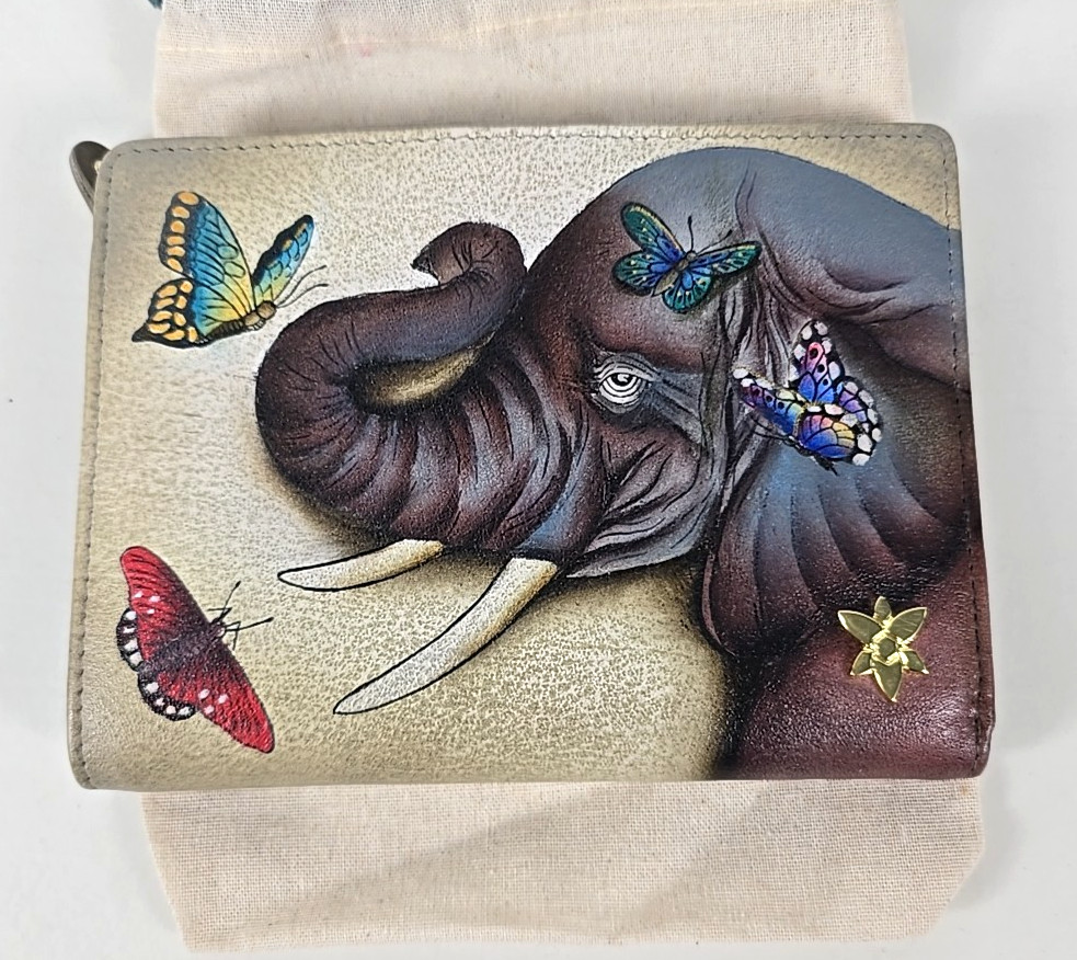 Anuschka Hand Painted Leather RFID 2 Fold Organizer Wallet Gentle Giant Elephant