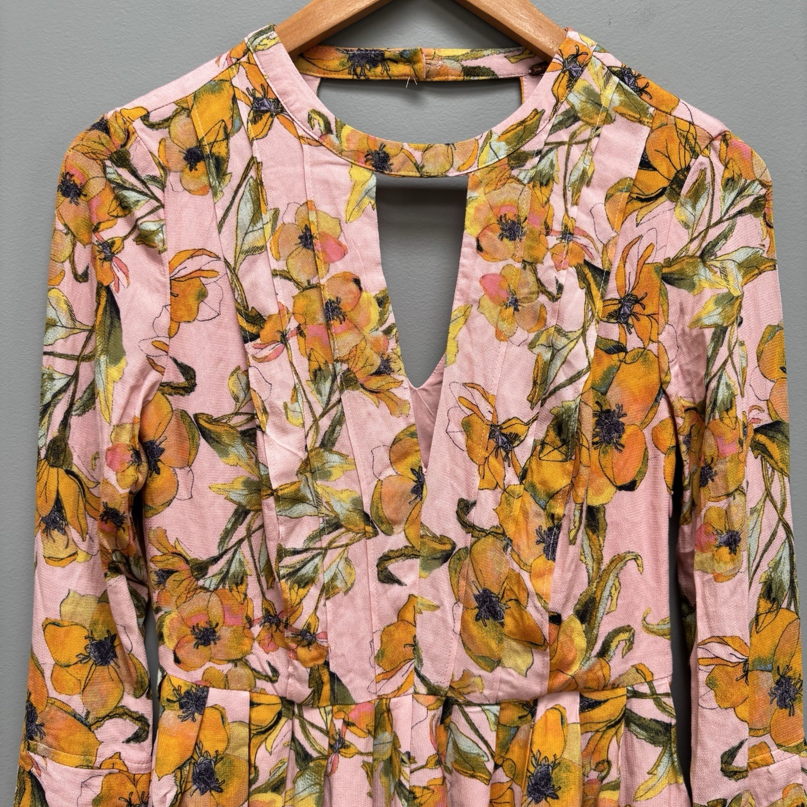 Free People Tegan Pink Floral Mini Dress Long Sleeve 0