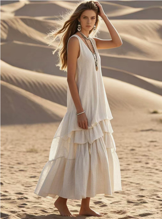 Womens Sleeveless Maxi Dress Casual Flowy Tiered Ruffle Cotton Linen Long Dress