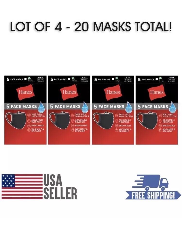 Lot of 4 Packs (20 Masks) Hanes Black 100% Cotton Face Mask Washable Reusable