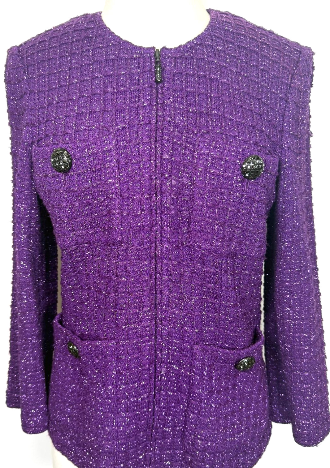 ST.JOHN EVENING KNIT ZIP JACKET PURPLE SHINY METALLIC POCKETS NWOT SIZE 8