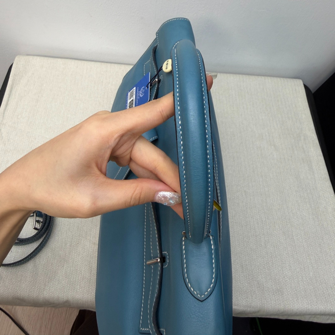 Authentic Hermes Kelly Flat35 Tote Blue 2Way Handbag Crossbody Silver Hardware