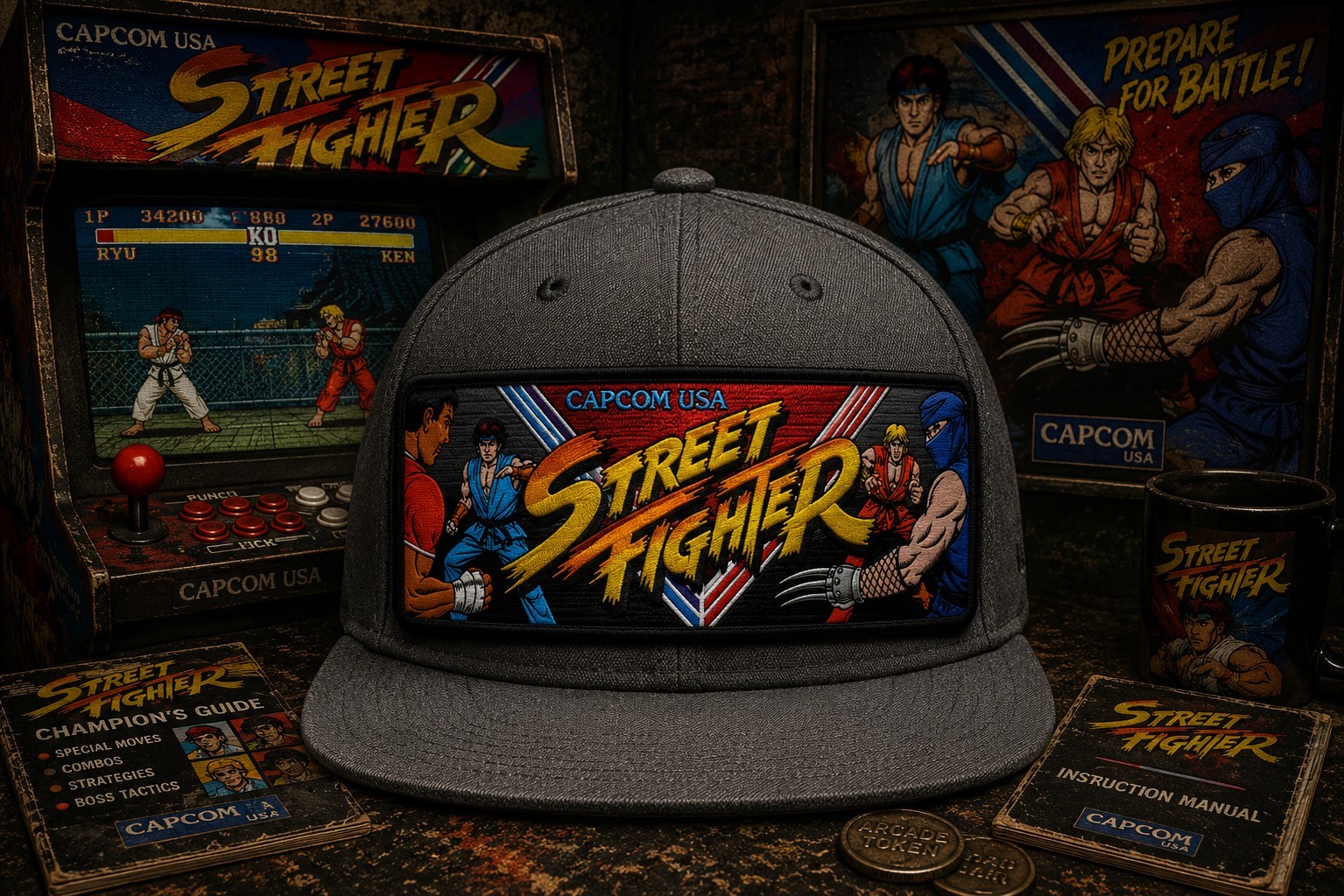 Capcom Streetfighter Hat, Removeable Metal Patch, Decky, Flat Bill
