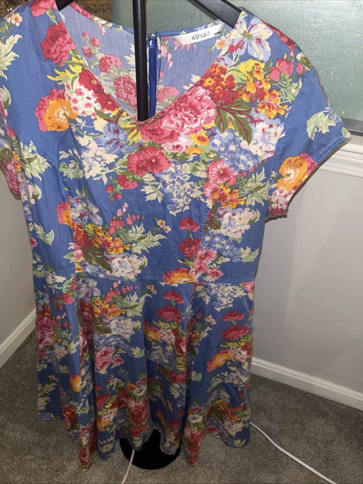 eShakti Dress Plus Size 2X Pockets Blue Floral Fit & Flare Cottagecore Garden