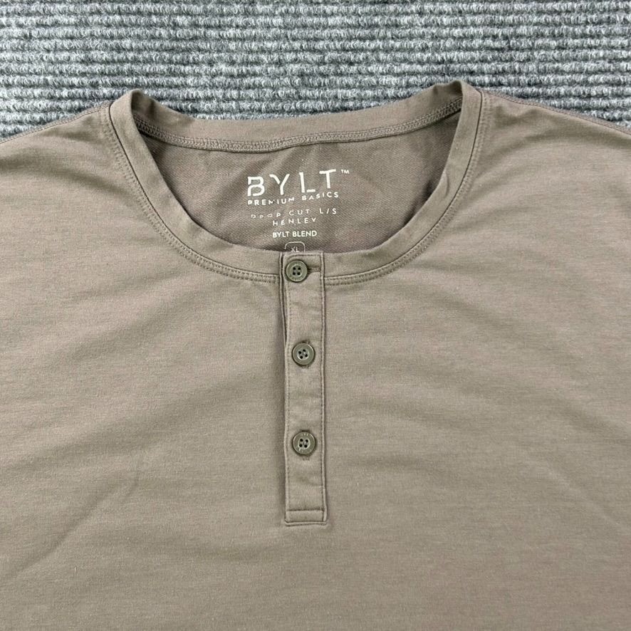 BYLT Premium Basics Drop Cut Long Sleeve Henley Mens XL Brown Athleisure Workout