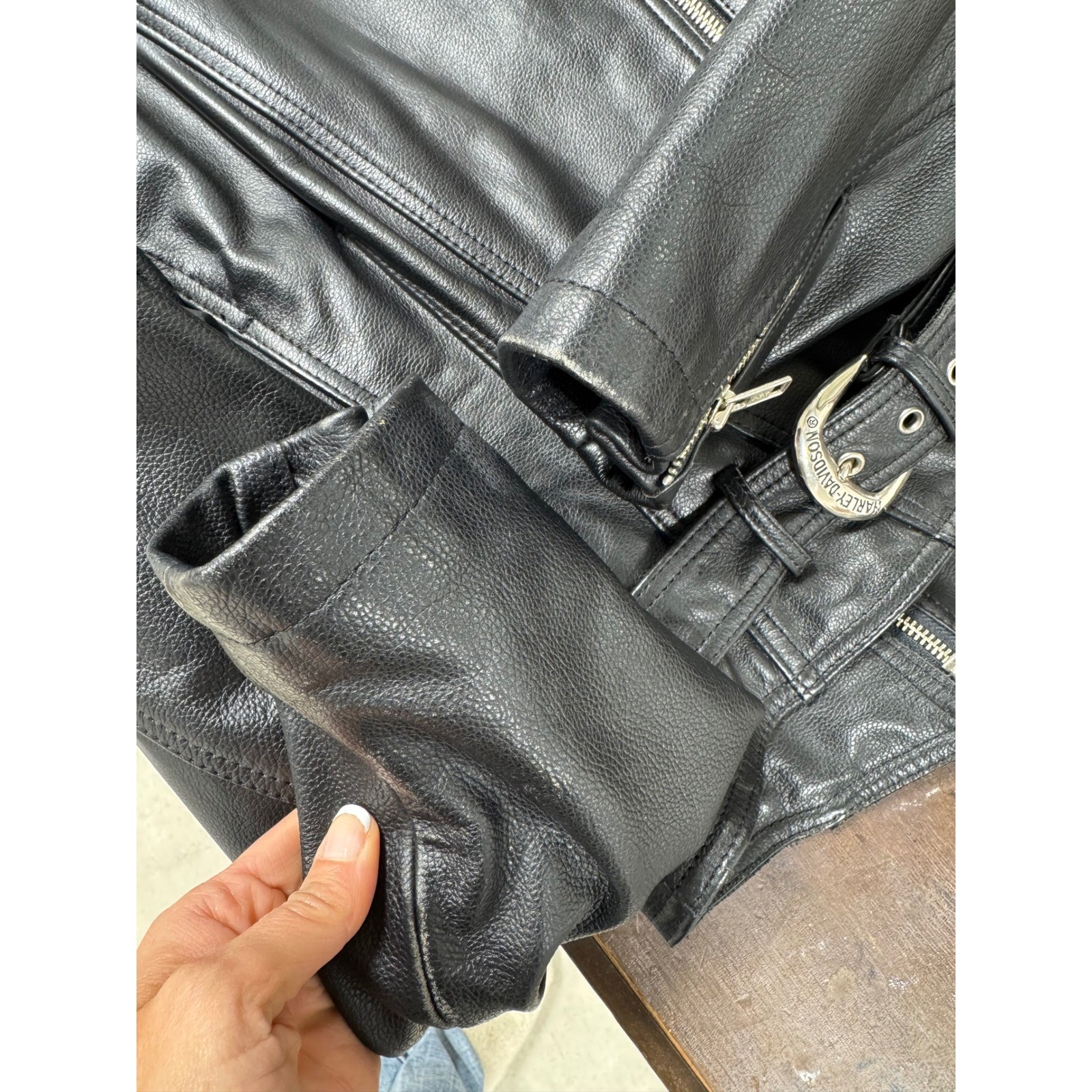 Harley-Davidson Womens Black Leather Studded Belted Moto Biker Jacket Cropped